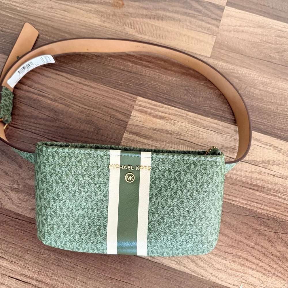Michael Kors Green MK Signature Stripe Belt Bag - Picture 2 of 11